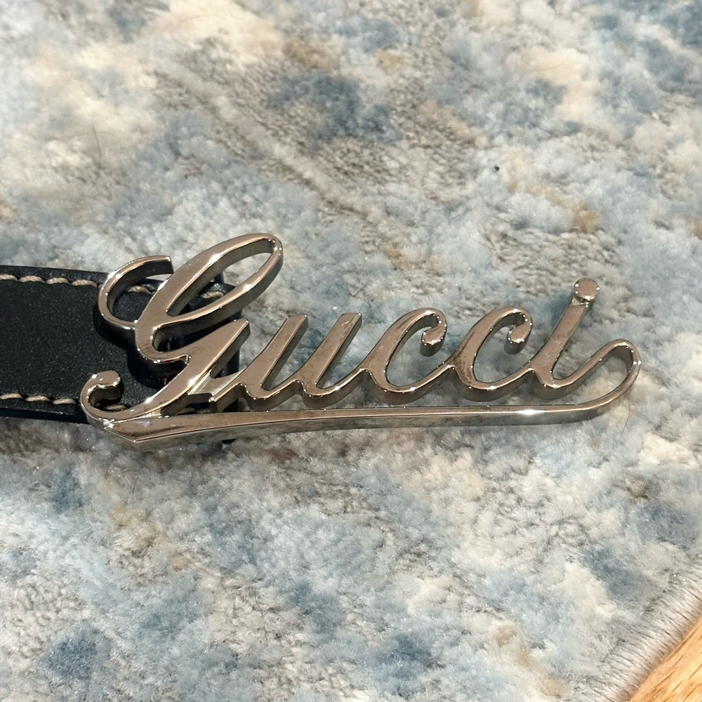 Gucci Silver Logo Black Leather Belt